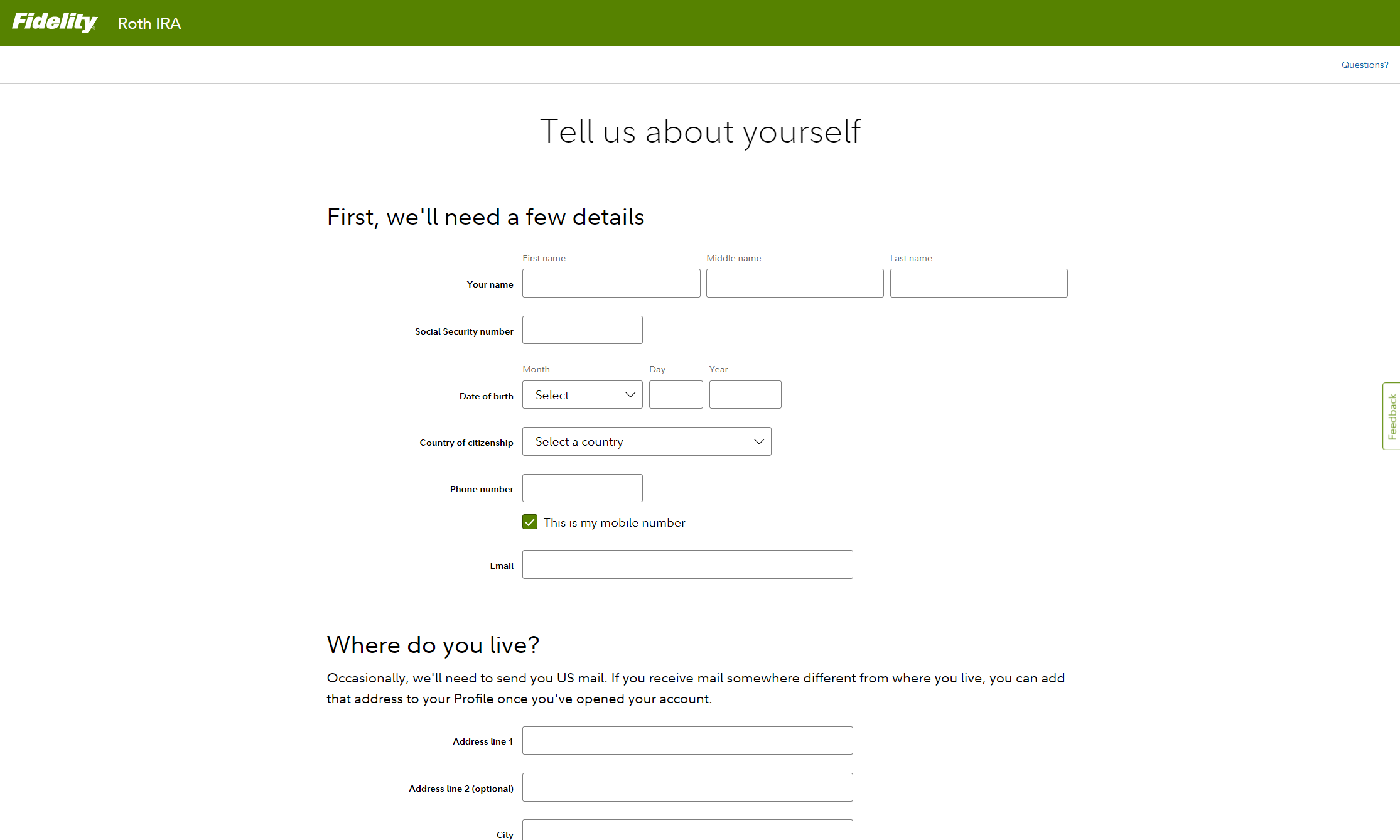 Fidelity Roth IRA: Personal information