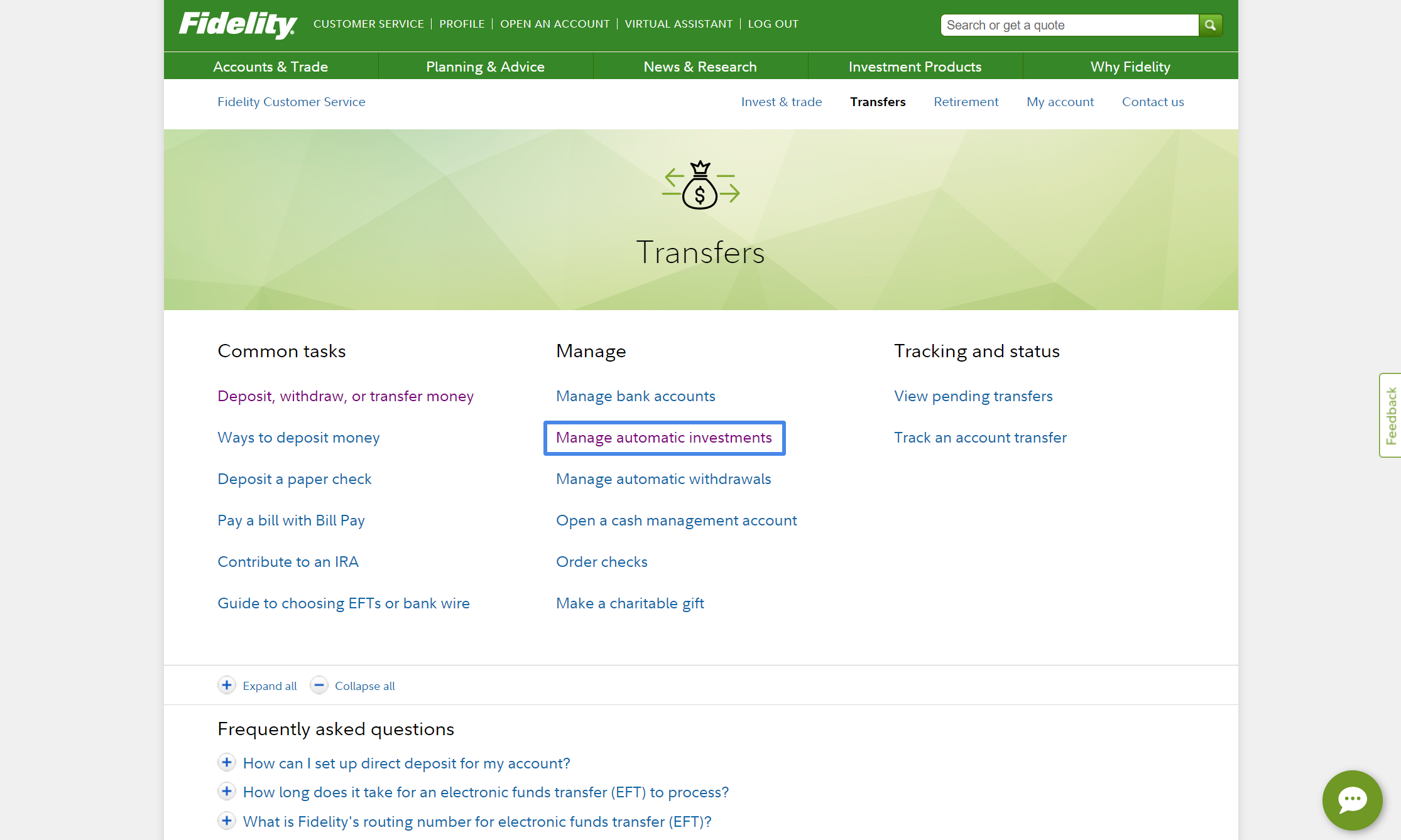 Fidelity Roth IRA: Manage automatic investments