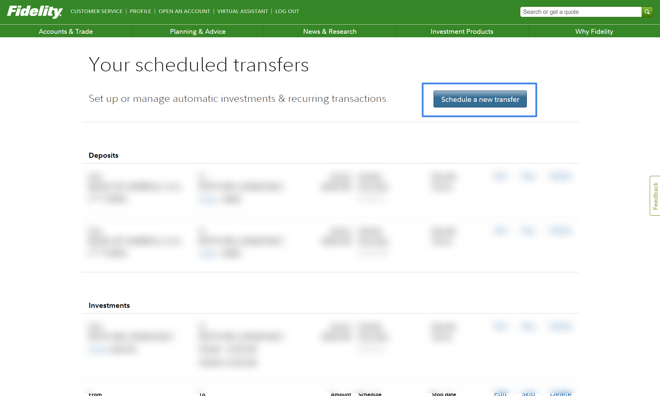 Fidelity Roth IRA: Schedule a new transfer