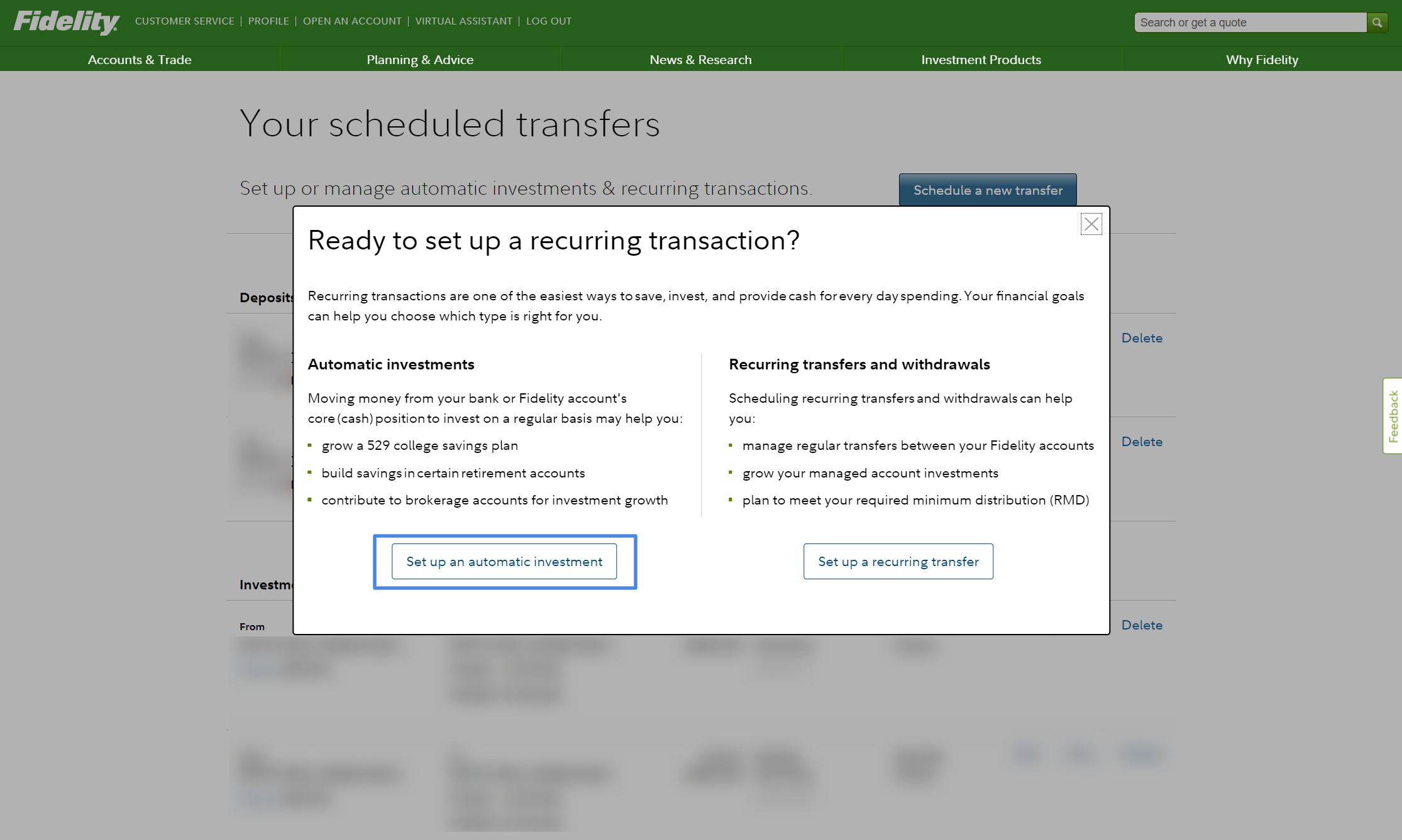 Fidelity Roth IRA Set up an automatic investment